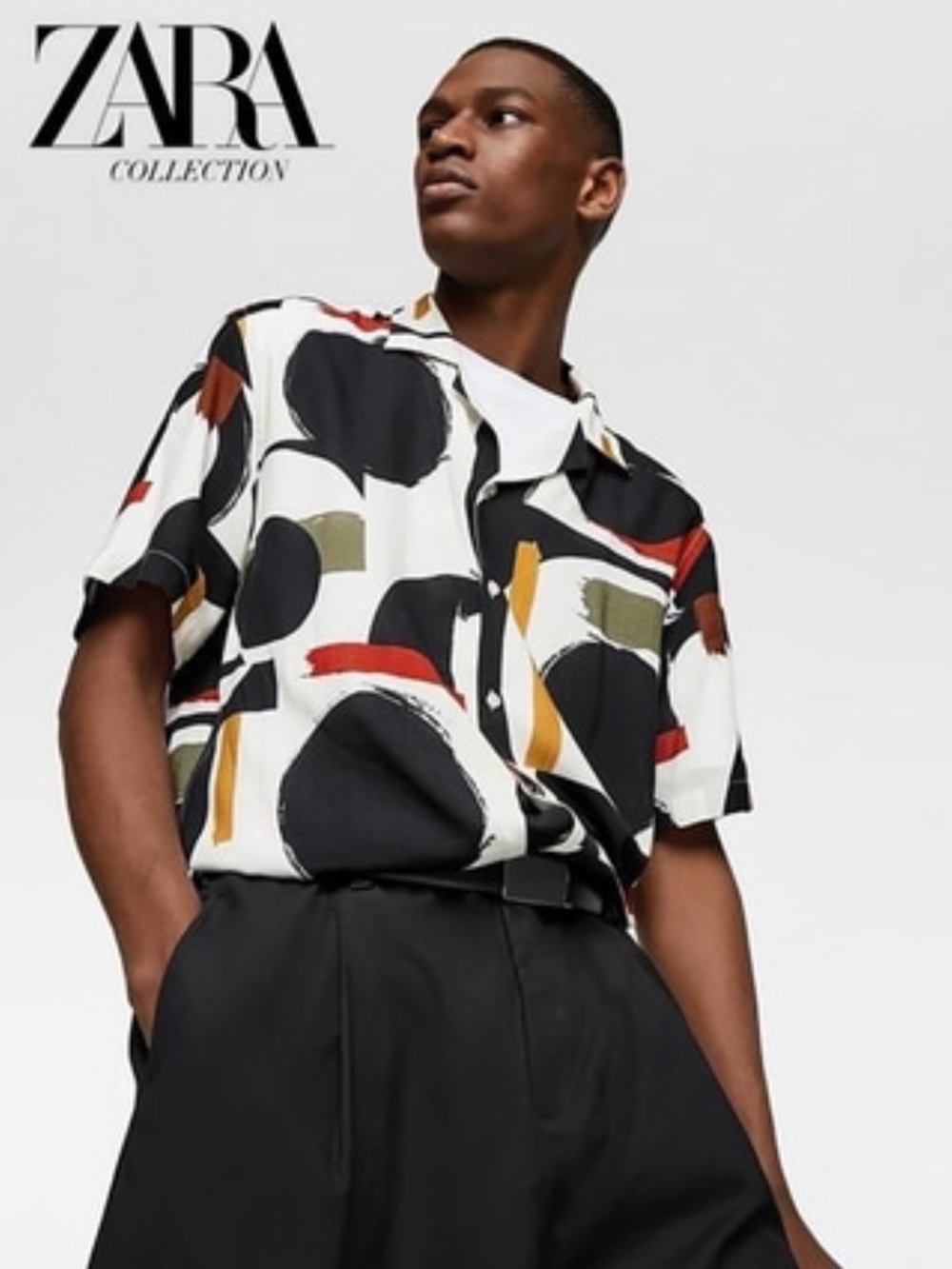 ZARA Men's Abstract Print Short-Sleeve Shirt - White/Black with Accent Colors